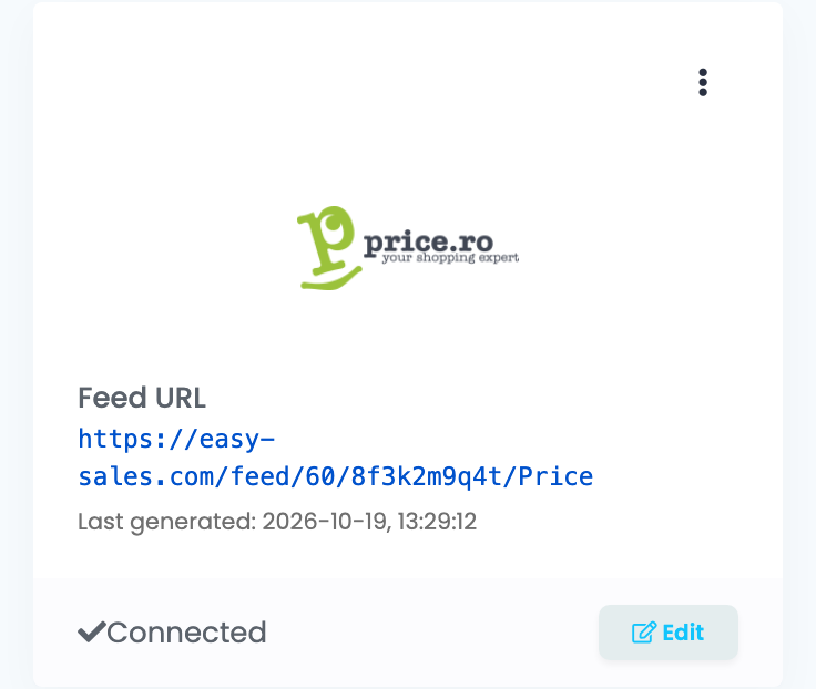 A csatlakoztatott price.ro kártya a Feed oldalon, angol felületen: Feed URL https://easy-sales.com/feed/60/8f3k2m9q4t/Price, Last generated dátummal és időponttal, Connected és Edit.