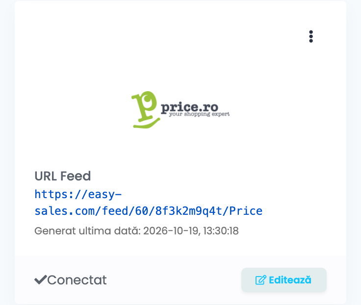 Cardul price.ro conectat pe pagina Feed: URL Feed https://easy-sales.com/feed/60/8f3k2m9q4t/Price, Generat ultima dată cu data și ora, Conectat și Editează.