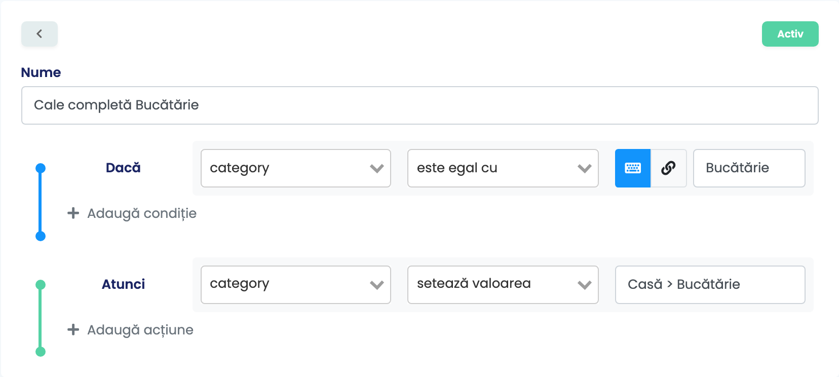 O regulă de feed numită Cale completă Bucătărie: Dacă category este egal cu Bucătărie, Atunci category setează valoarea Casă > Bucătărie, marcată Activ.