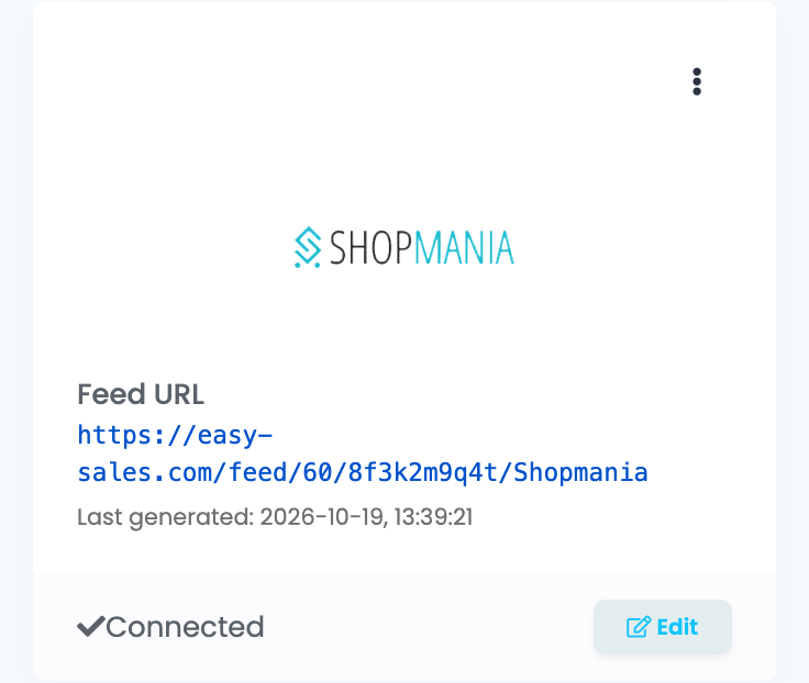 A csatlakoztatott ShopMania kártya a Feed oldalon: Feed URL https://easy-sales.com/feed/60/8f3k2m9q4t/Shopmania, Last generated dátummal és időponttal, Connected és Edit.