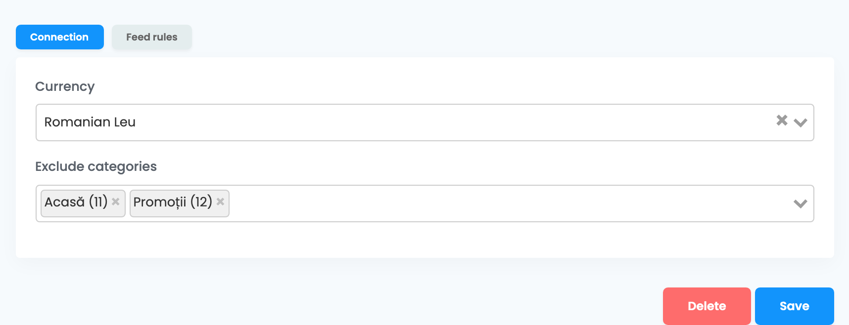 A 2Performant feed Connection füle: Currency Romanian Leu, Exclude categories Acasă és Promoții, valamint a Delete és Save gomb; a Connection mellett egy Feed rules fül látható.