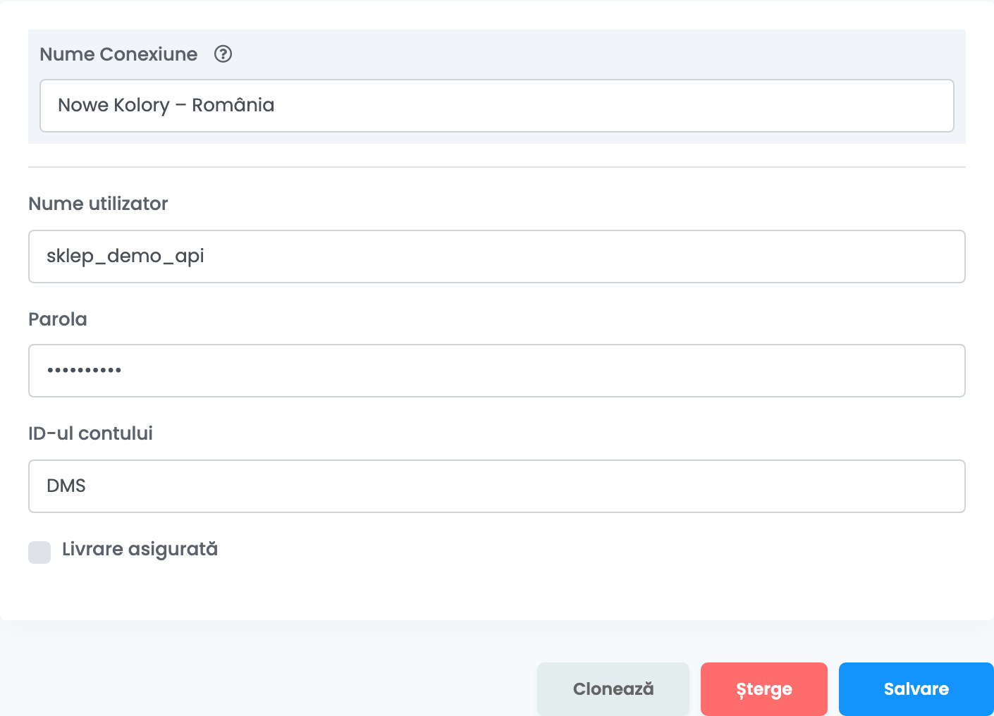 Formularul de conectare Nowe Kolory: Nume Conexiune Nowe Kolory – România, Nume utilizator sklep_demo_api, Parola mascată, ID-ul contului DMS, caseta Livrare asigurată nebifată și butoanele Clonează, Șterge și Salvare.