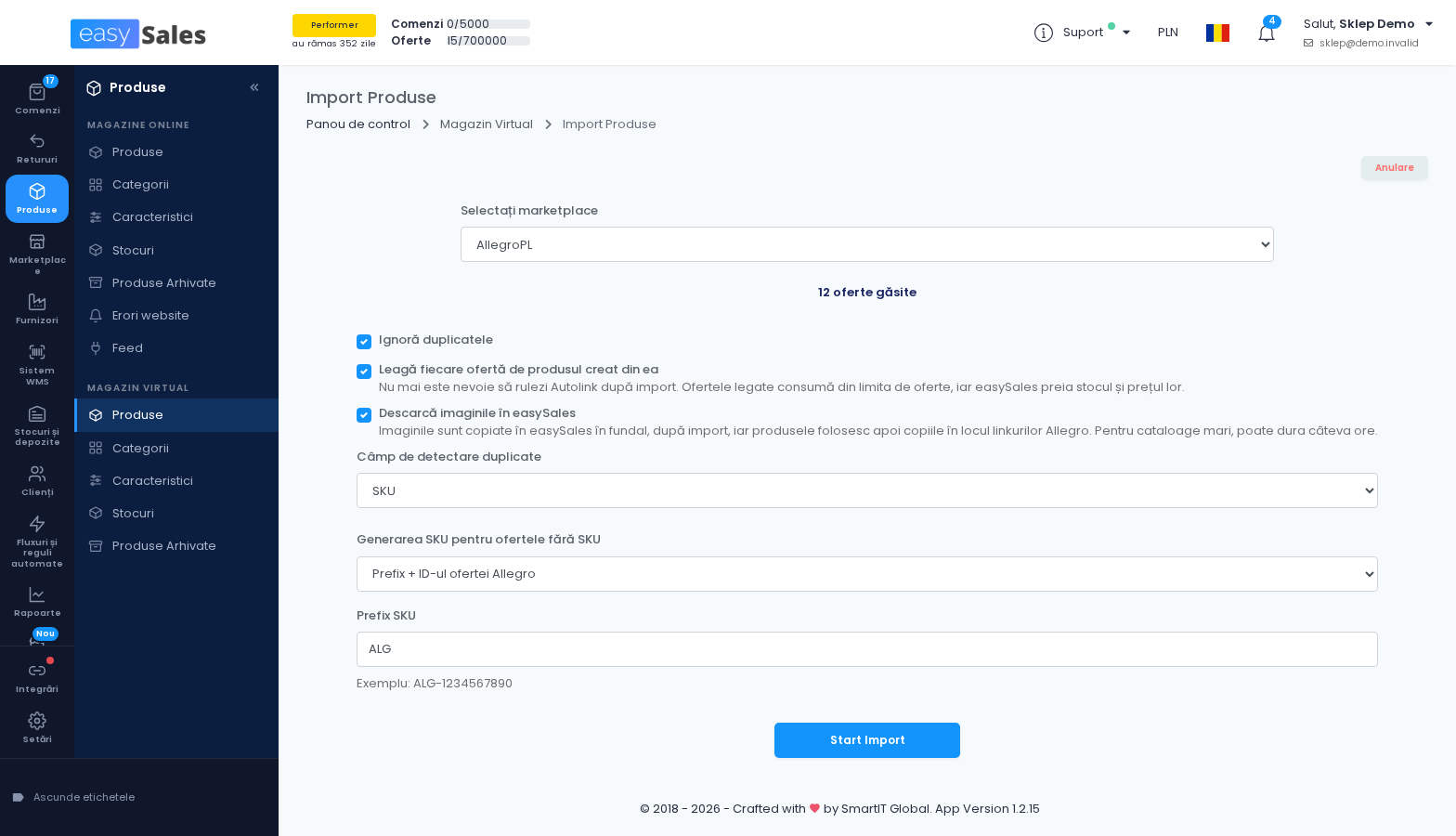 Formularul Importă din marketplace cu un cont Allegro PL selectat, numărul de oferte găsite și opțiunile de import