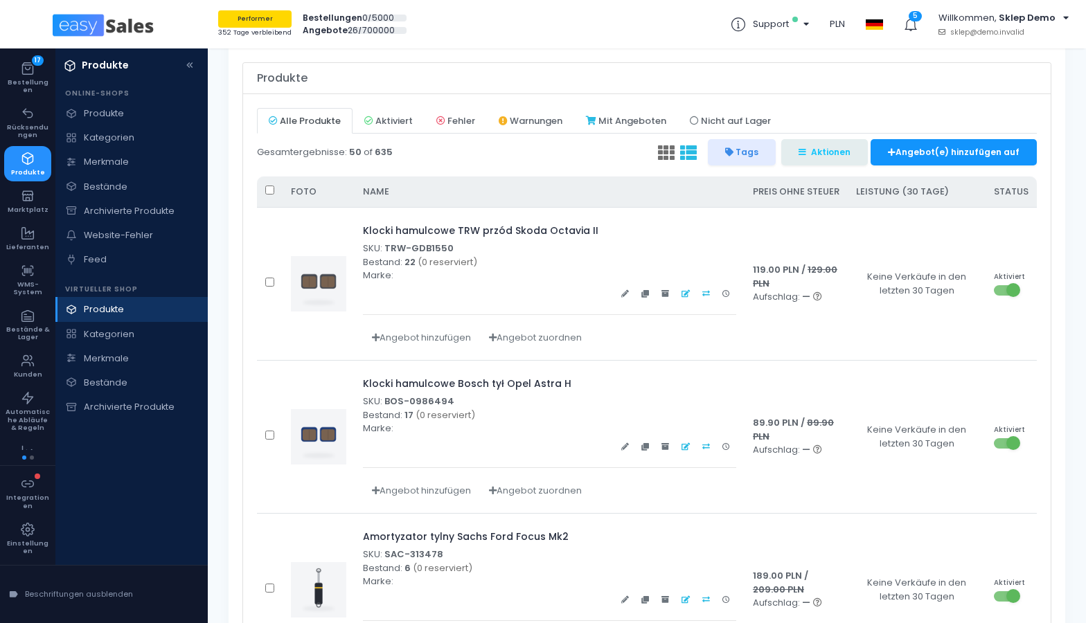 Produktliste im Virtuellen Shop mit Produkten aus dem Allegro-Import