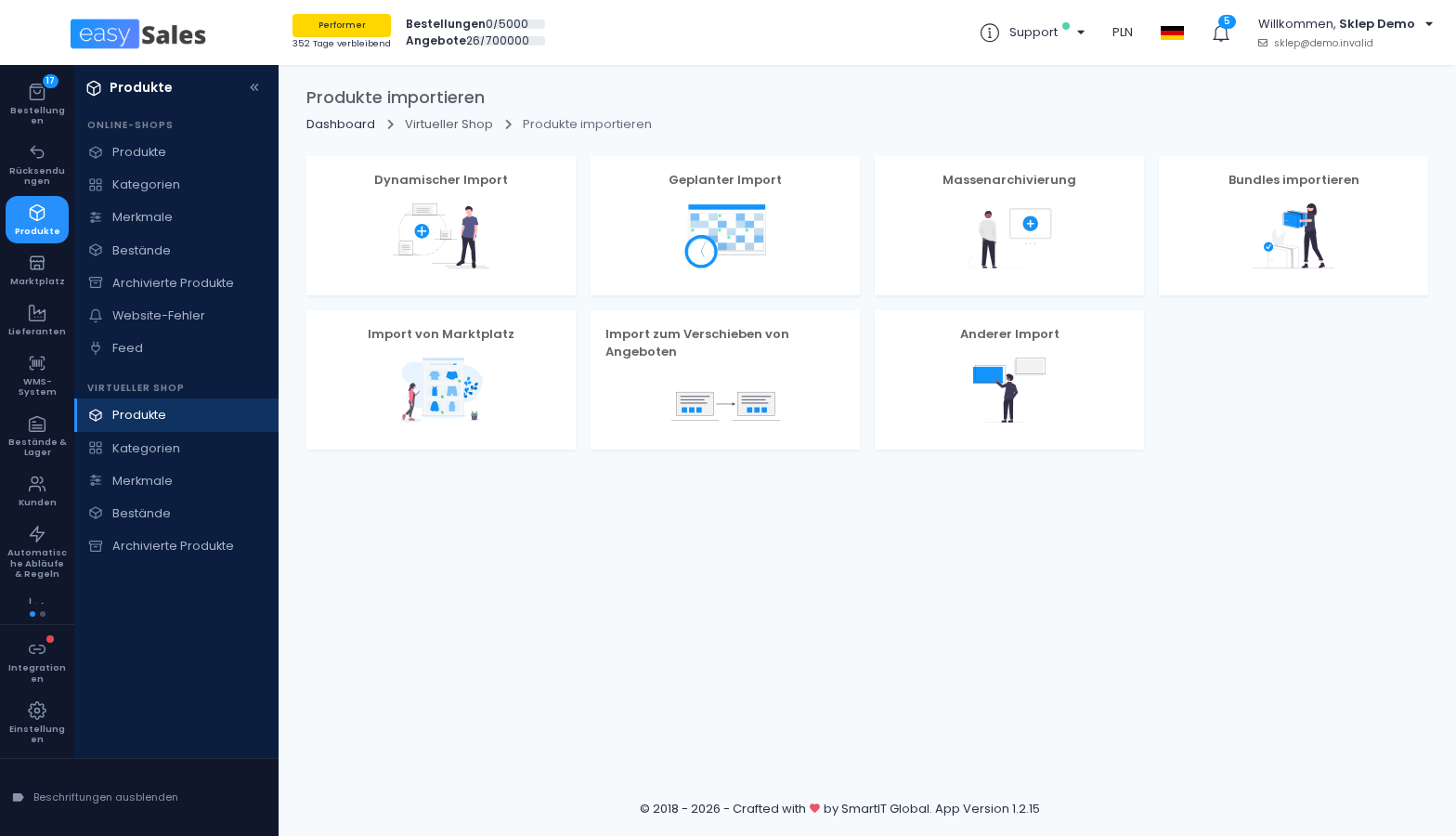 Seite „Produkte importieren“ in easySales mit der Kachel „Import von Marktplatz“