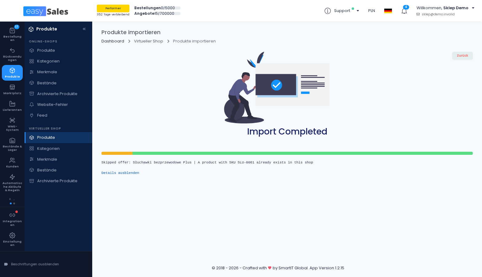 Fortschritt des Allegro-Imports mit Balken für Erfolge, Warnungen und Fehler sowie dem Protokoll „Weitere Details“ nach Abschluss