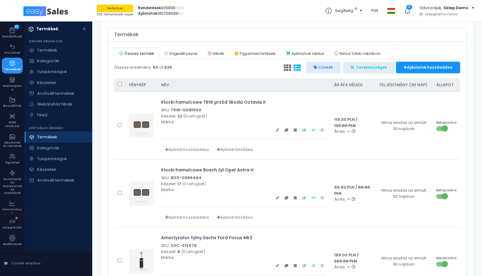 A Virtuális Áruház terméklistája az Allegro-import által létrehozott termékekkel
