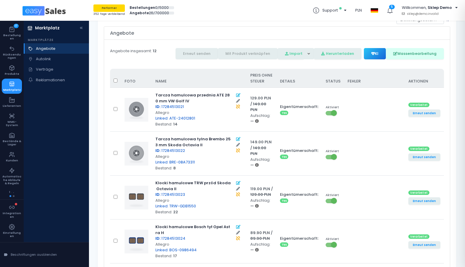 Liste der Allegro-PL-Angebote in easySales mit Angeboten, die mit Produkten verknüpft sind