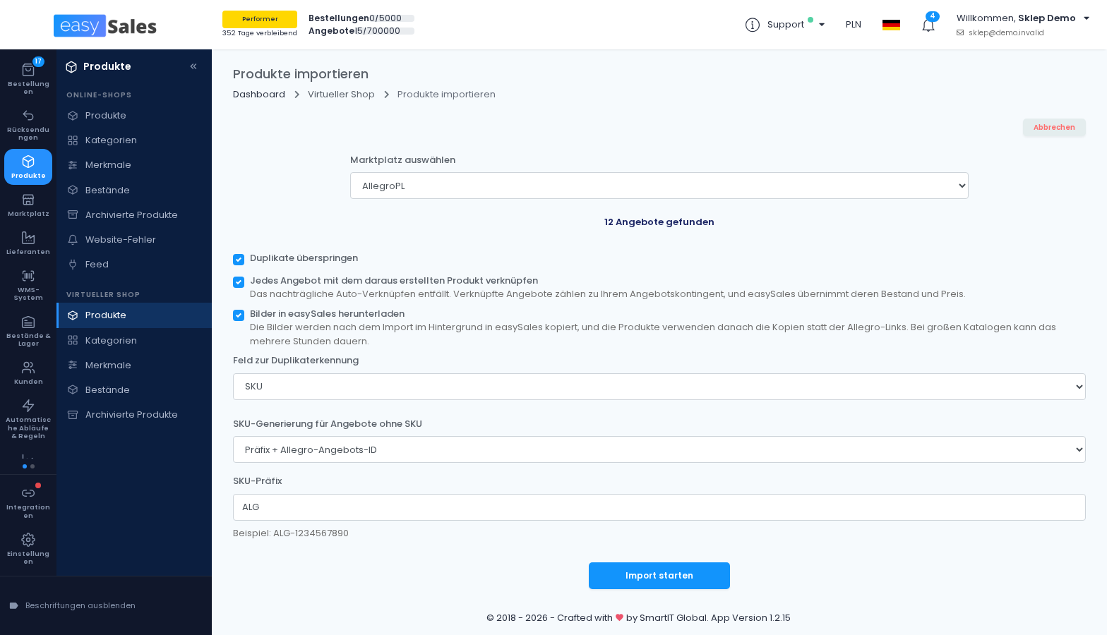 Formular „Import von Marktplatz“ mit ausgewähltem Allegro-PL-Konto, der Anzahl gefundener Angebote und den Importoptionen
