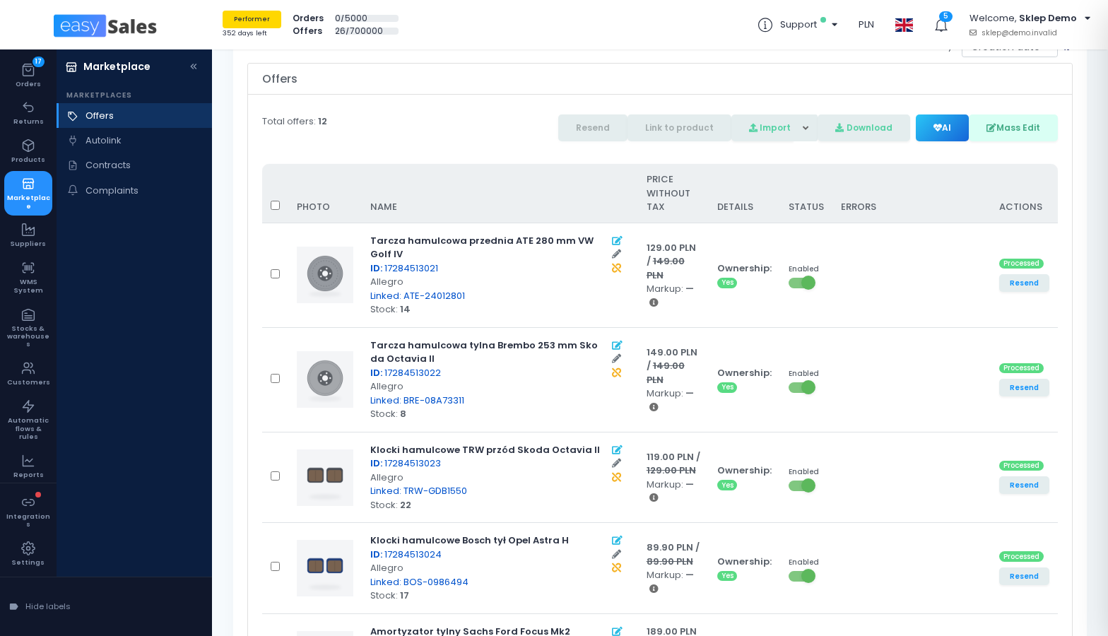 Allegro PL offers list in easySales showing listings linked to products