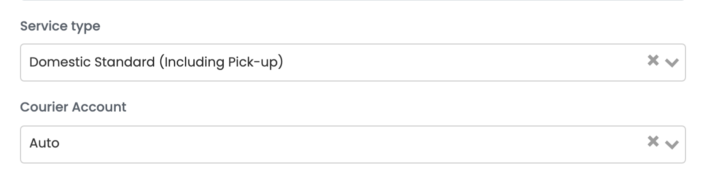 The Innoship form showing Service type set to Domestic Standard (Including Pick-up) and Courier Account set to Auto.