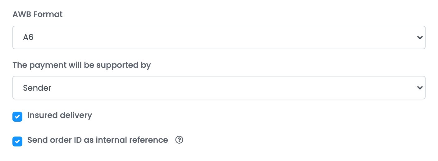 The Innoship form showing AWB Format, who supports the payment, Insured delivery and Send order ID as internal reference.