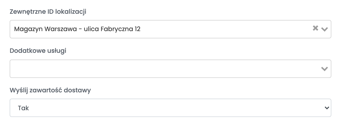 Formularz Innoship z Zewnętrznym ID lokalizacji, Dodatkowymi usługami i opcją Wyślij zawartość dostawy.