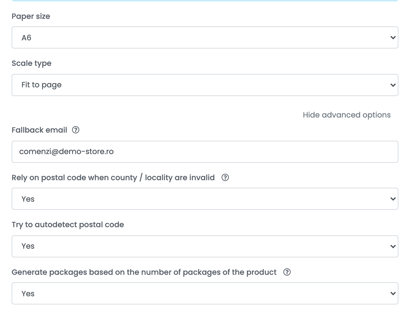 The expanded printing settings and advanced options of an Innoship connection, showing Paper size, Scale type, Fallback email, Rely on postal code when county / locality are invalid, and Try to autodetect postal code.