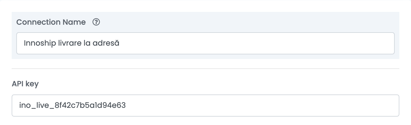 The top of the Innoship connection form, showing the Connection Name and API key fields.