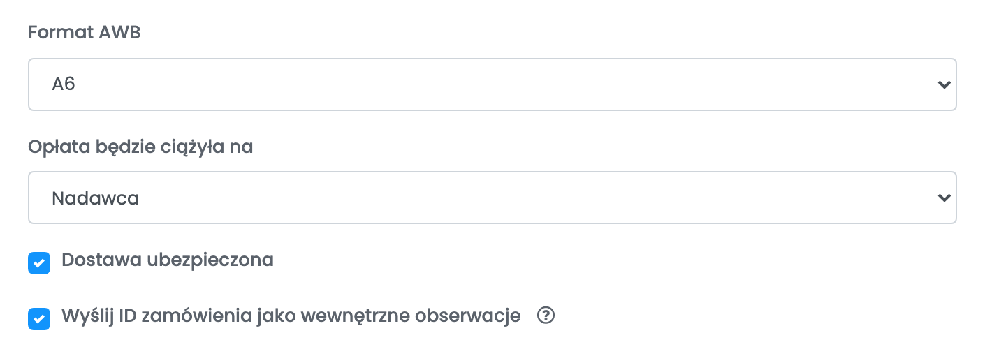 Formularz Innoship z Formatem AWB, informacją kto ponosi opłatę, Dostawą ubezpieczoną i opcją wysyłania ID zamówienia.