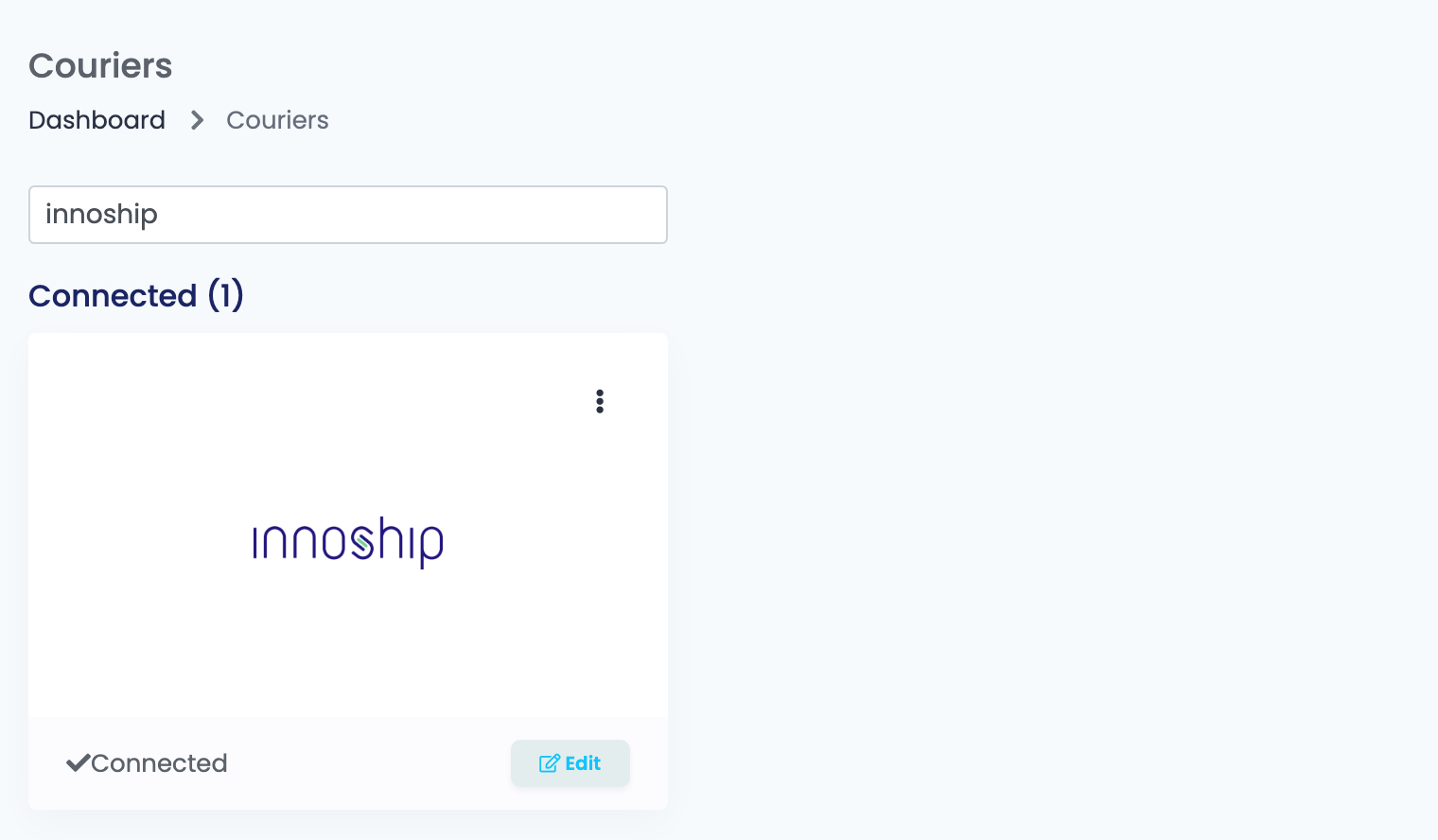 The Couriers page in easySales filtered to Innoship, showing the connected Innoship card.