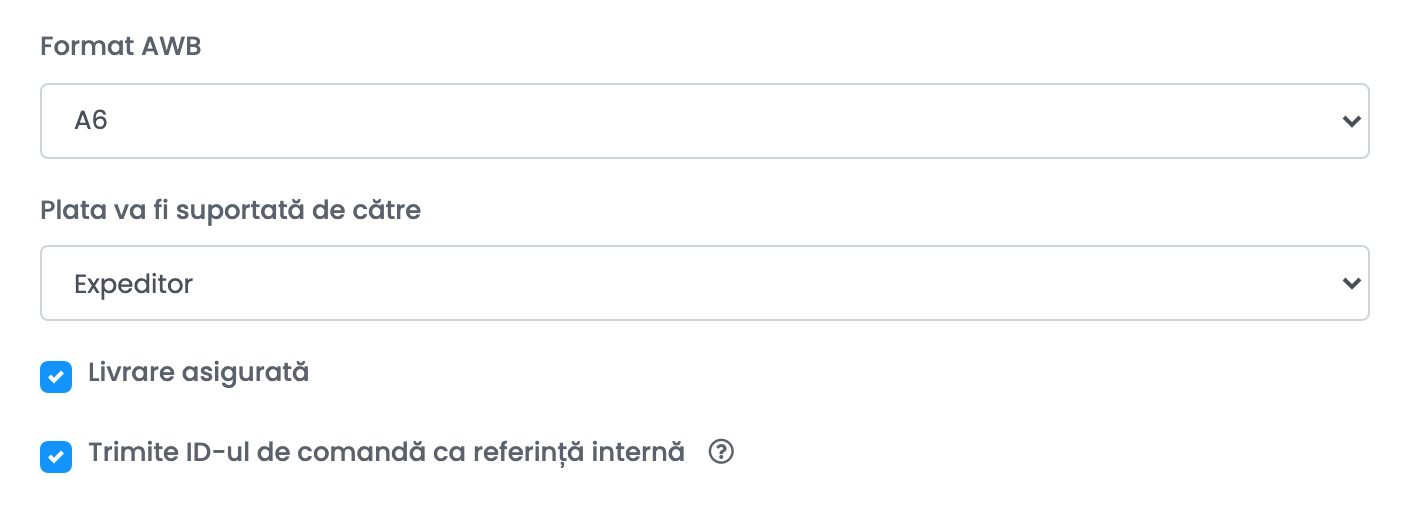 Formularul Innoship cu Format AWB, cine suportă plata, Livrare asigurata și Trimite ID-ul de comandă ca referință internă.