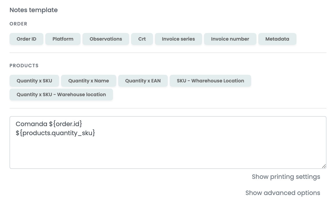 The notes template of an Innoship connection, with the Order and Products variable buttons above a box containing an order number and a quantity and SKU list.
