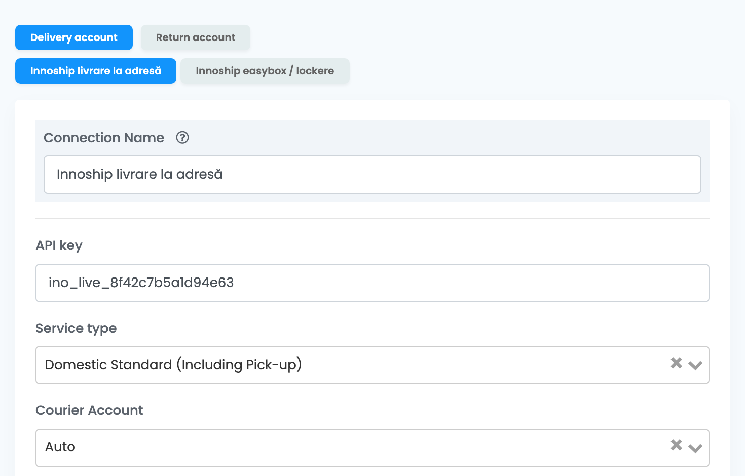 An Innoship connection with the Delivery account and Return account tabs above it and two connection names beside each other.