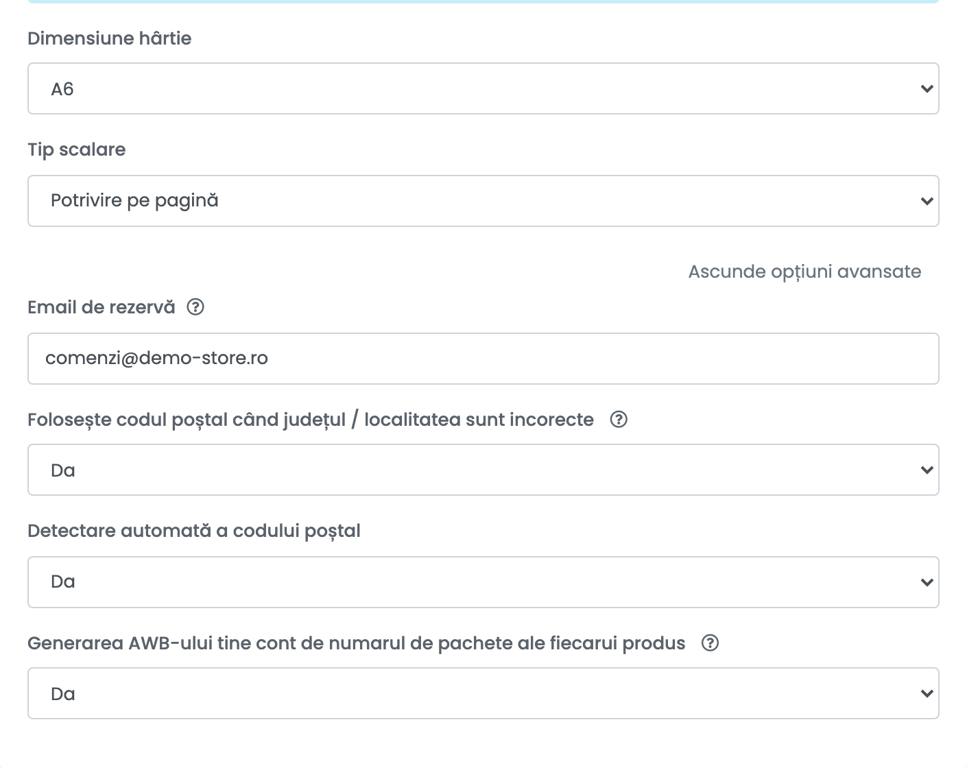 Setările de printare și opțiunile avansate desfășurate pentru o conexiune Innoship, cu Dimensiunea hârtiei, Tipul de scalare, Email de rezervă, Folosește codul poștal când județul / localitatea sunt incorecte și Detectare automată a codului poștal.