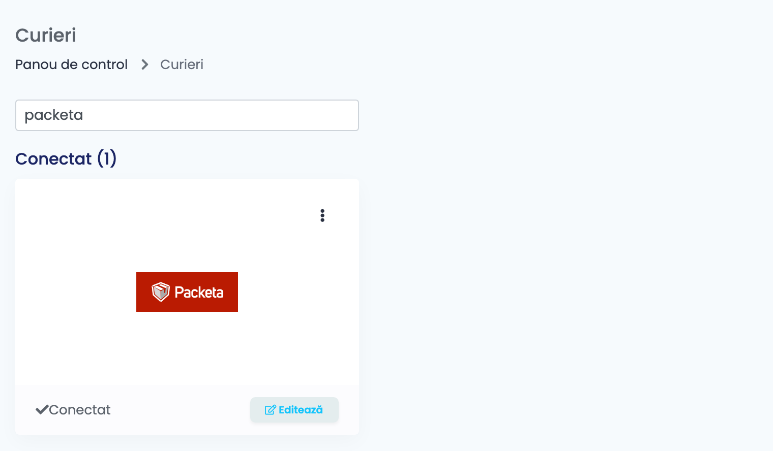 Pagina Curieri din easySales filtrată pe Packeta, cu cardul Packeta conectat.