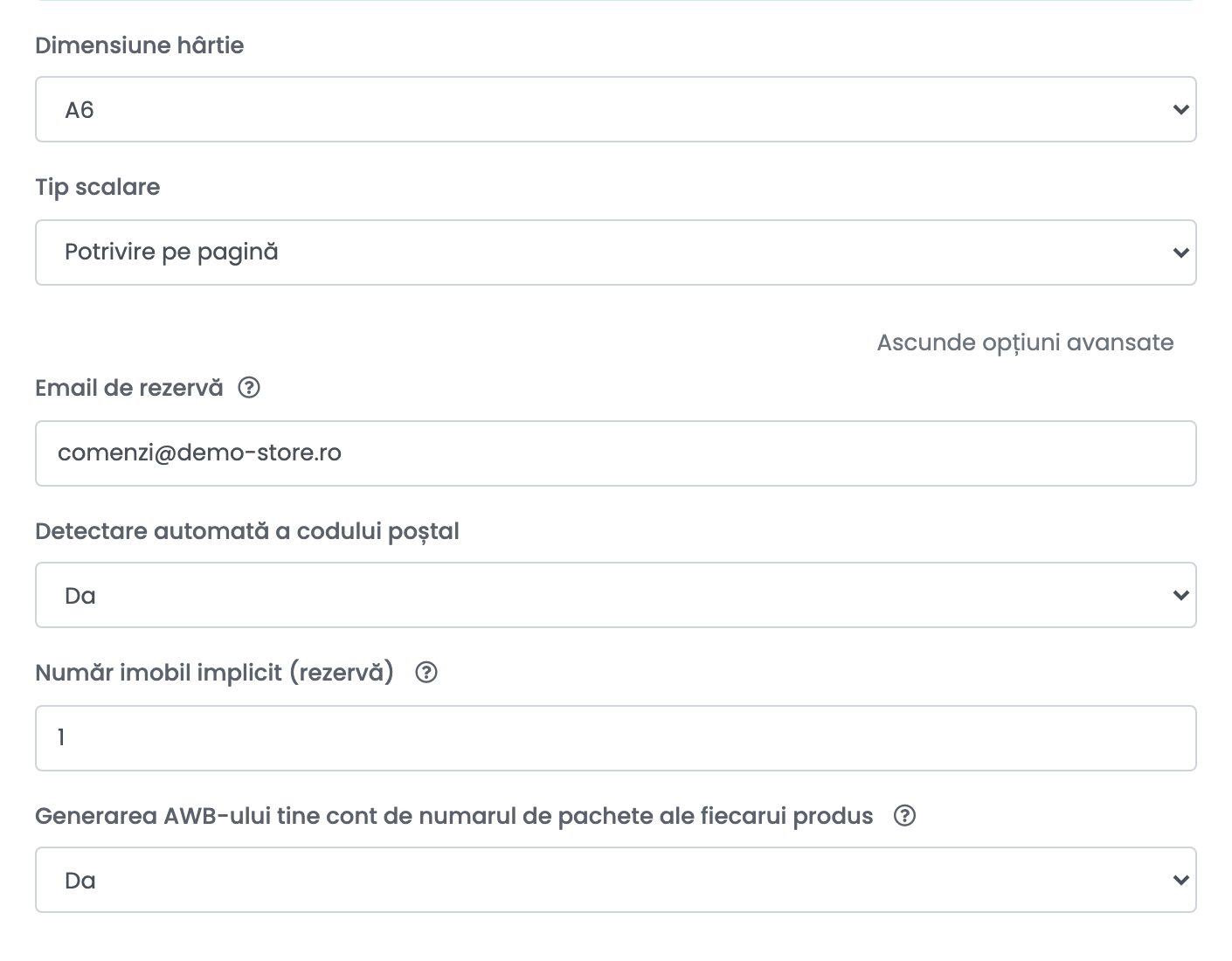 Setările de printare și opțiunile avansate desfășurate pentru o conexiune Packeta, cu Dimensiunea hârtiei, Tipul de scalare, Email de rezervă, Detectare automată a codului poștal și Număr imobil implicit.