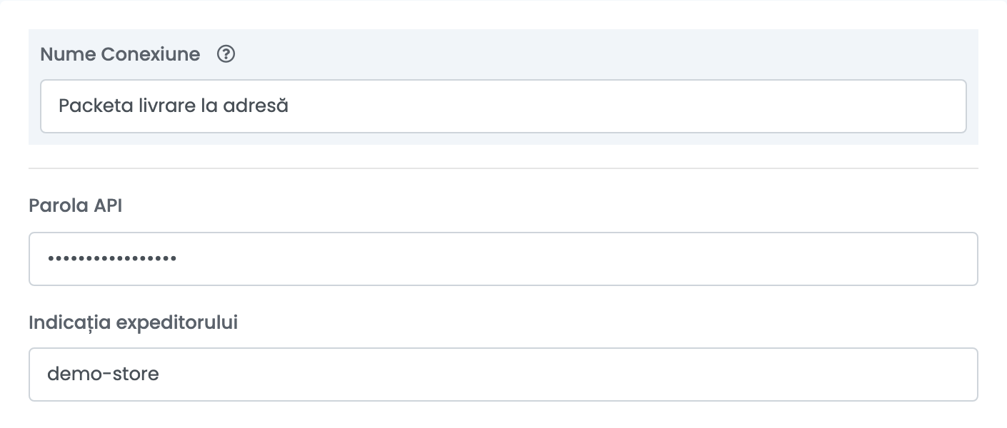 Partea de sus a formularului Packeta, cu Nume Conexiune, Parola API și Indicația expeditorului.