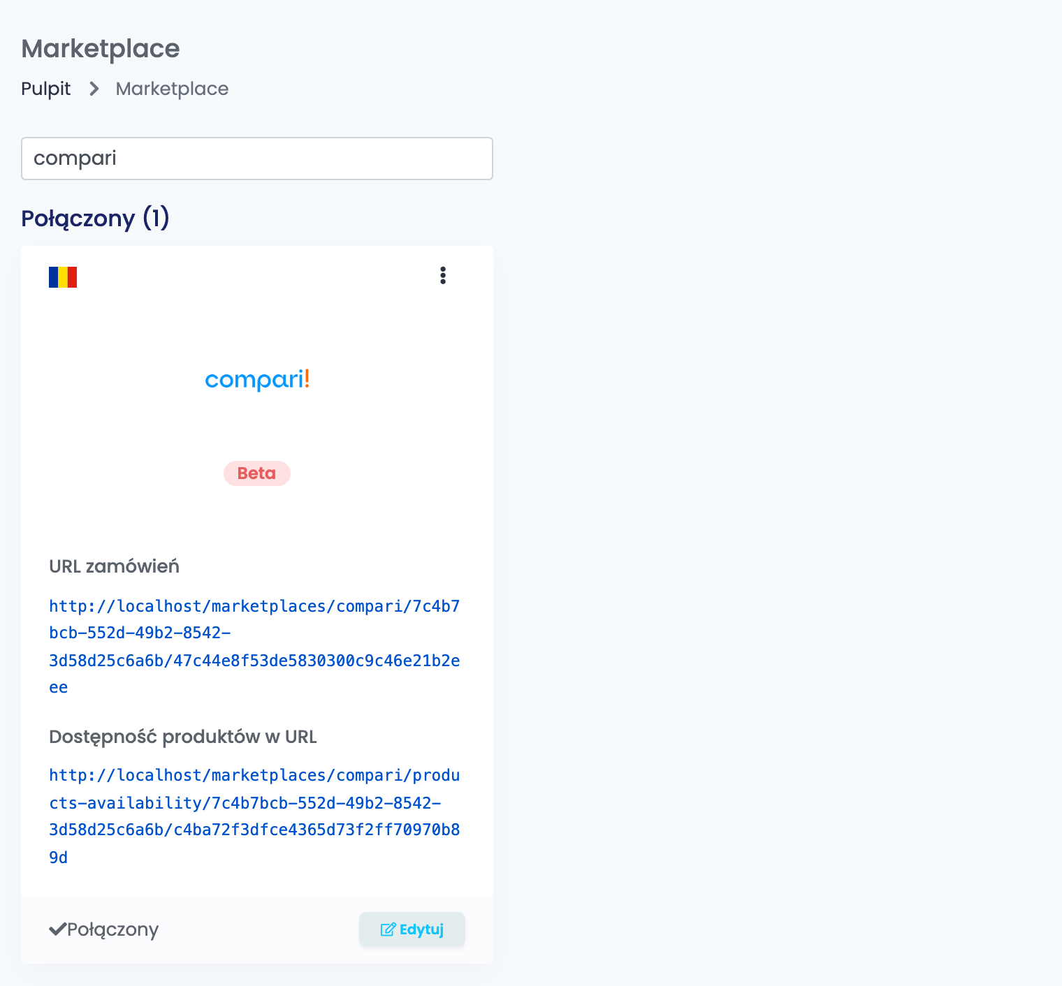 Strona Marketplace w easySales przefiltrowana do Compari, z połączoną kartą Compari.