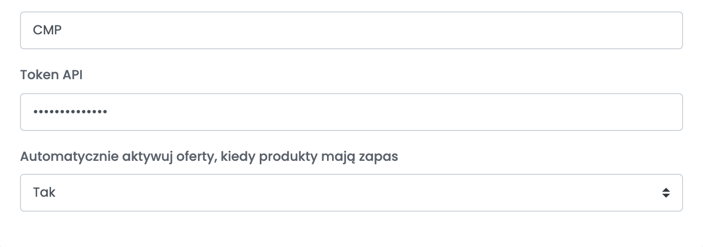 Formularz Compari z Serią faktur, Tokenem API i opcją automatycznej aktywacji ofert przy dostępnym zapasie.