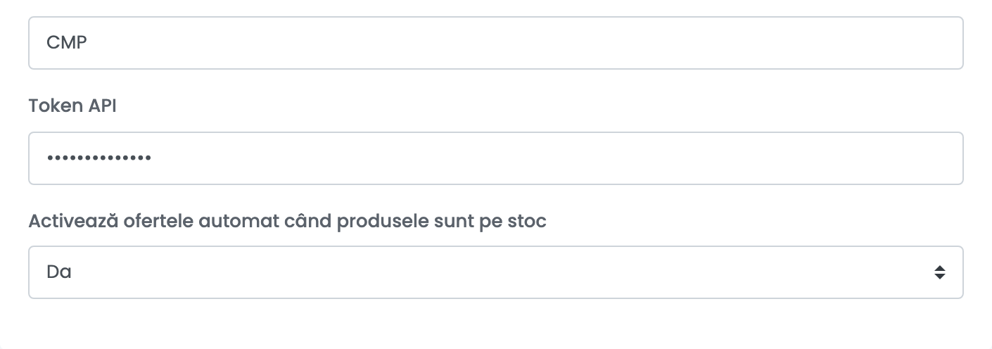 Formularul Compari cu Seria de facturare, Token API și opțiunea de activare automată a ofertelor când produsele au stoc.