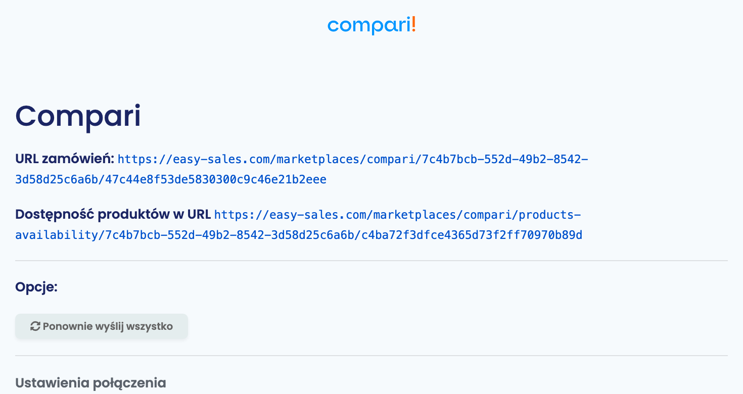 Karta Compari z URL zamówień i adresem dostępności produktów wygenerowanymi dla połączenia.