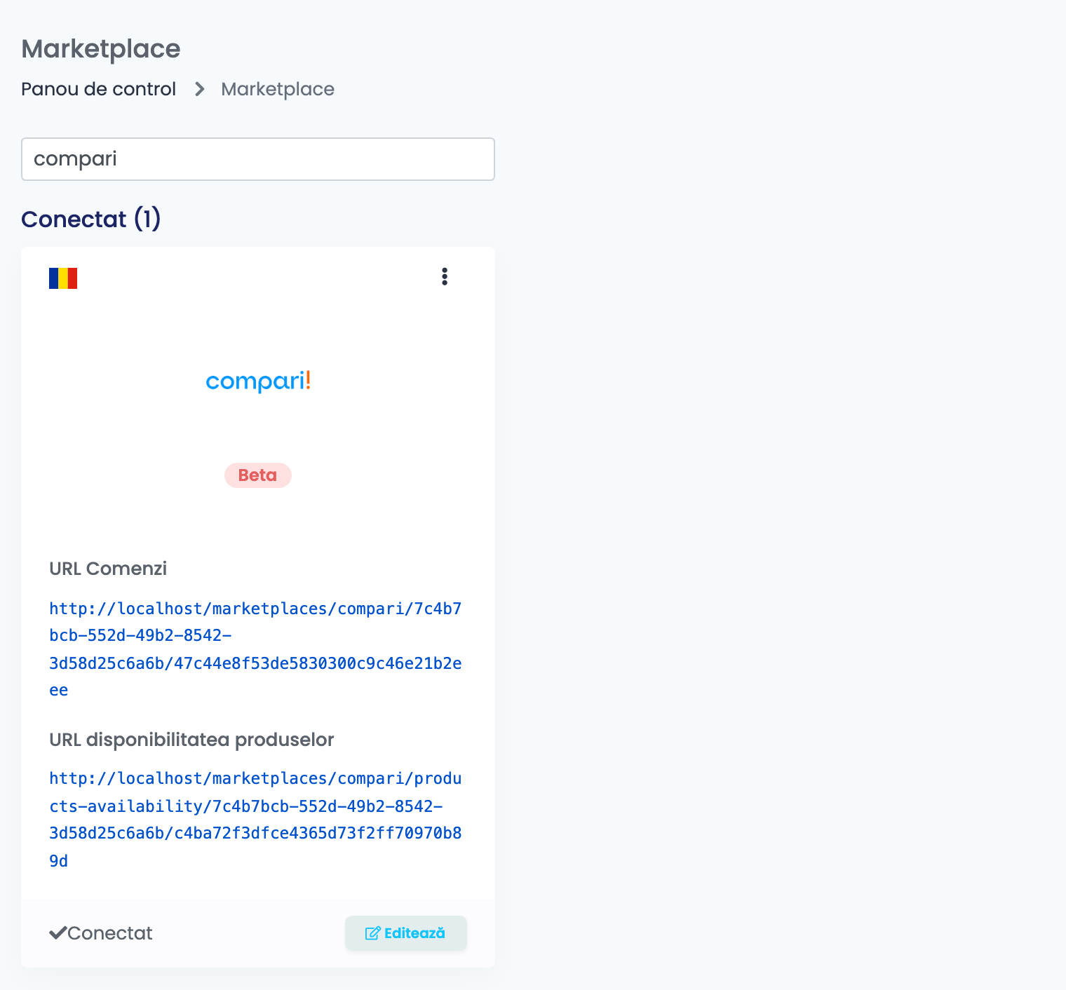 Pagina Marketplace din easySales filtrată pe Compari, cu cardul Compari conectat.