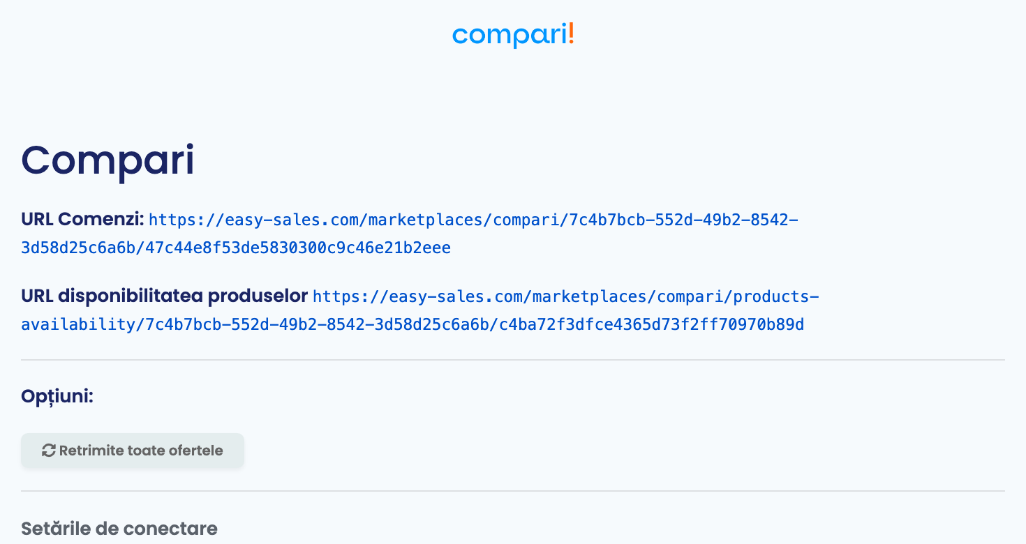 Cardul Compari cu URL Comenzi și URL disponibilitatea produselor generate pentru conexiune.