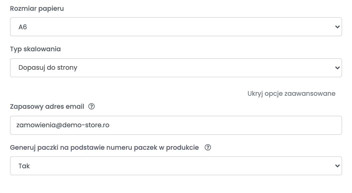 Rozwinięte ustawienia drukowania i opcje zaawansowane połączenia Ecolet z Rozmiarem papieru, Typem skalowania, Zapasowym adresem email i opcją liczby paczek.