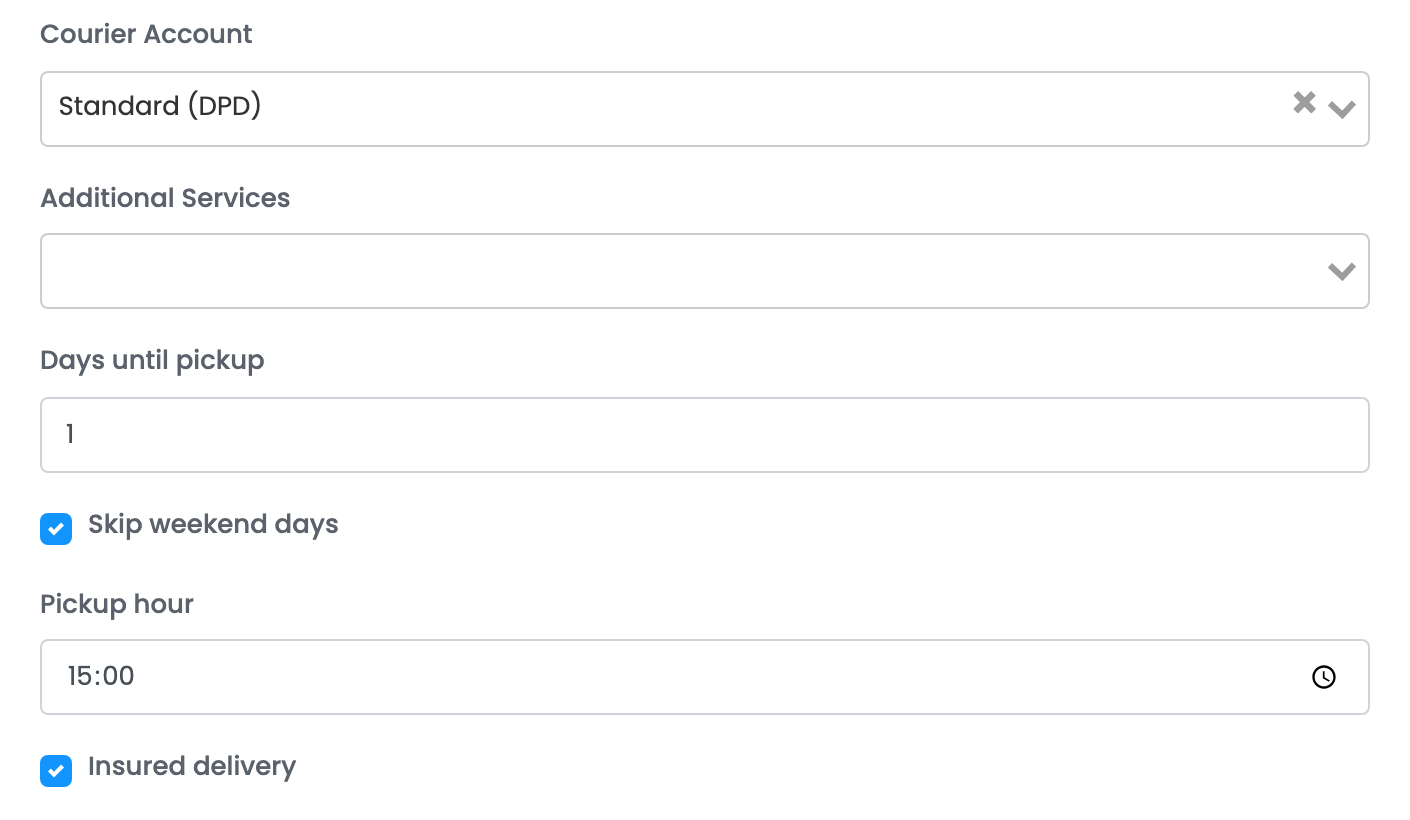 The Ecolet form showing Courier Account set to Standard (DPD), an empty Additional Services field, Days until pickup, Skip weekend days, Pickup hour and Insured delivery.