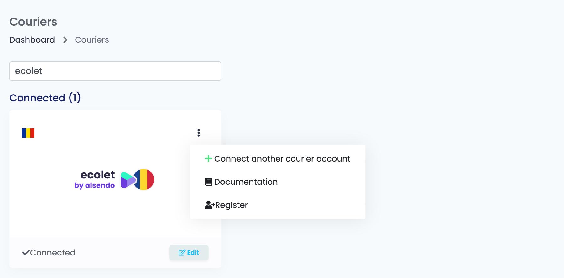 The Ecolet card with its three-dot menu open, showing Connect another courier account.