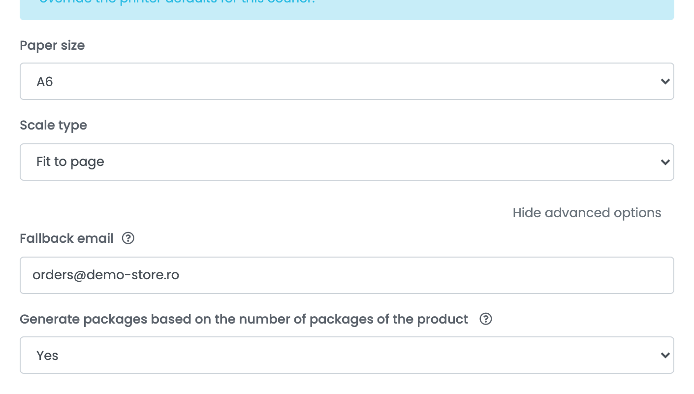 The expanded printing settings and advanced options of an Ecolet connection, showing Paper size, Scale type, Fallback email and the package count option.