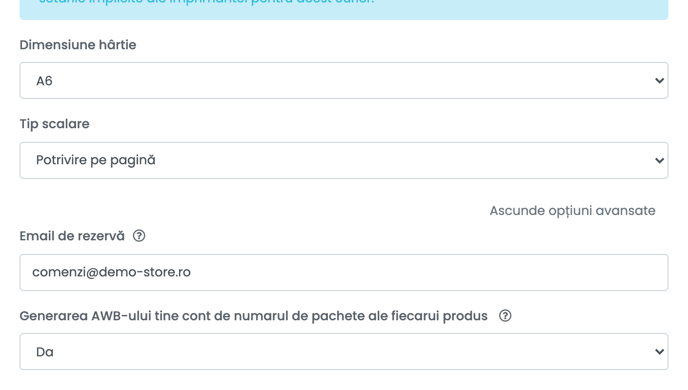 Setările de printare și opțiunile avansate desfășurate ale unei conexiuni Ecolet, cu Dimensiune hârtie, Tip scalare, Email de rezervă și opțiunea de număr de pachete.