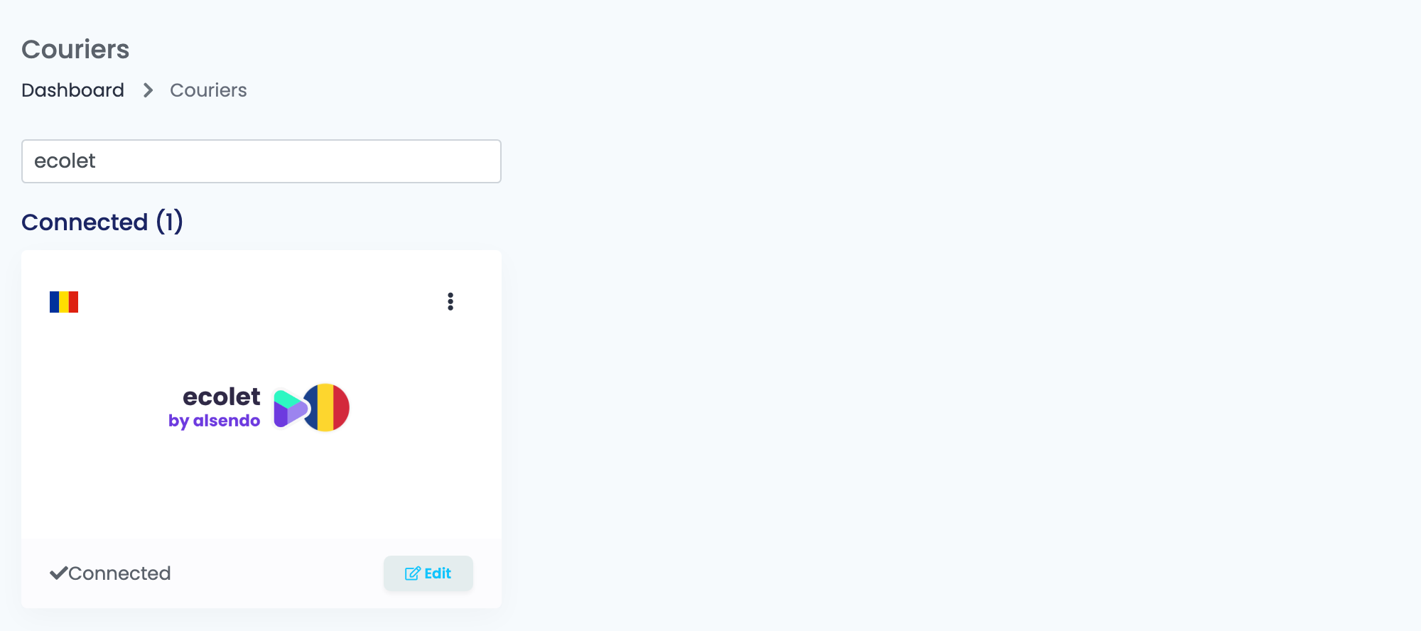 The Couriers page in easySales filtered to Ecolet, showing the connected Ecolet card.