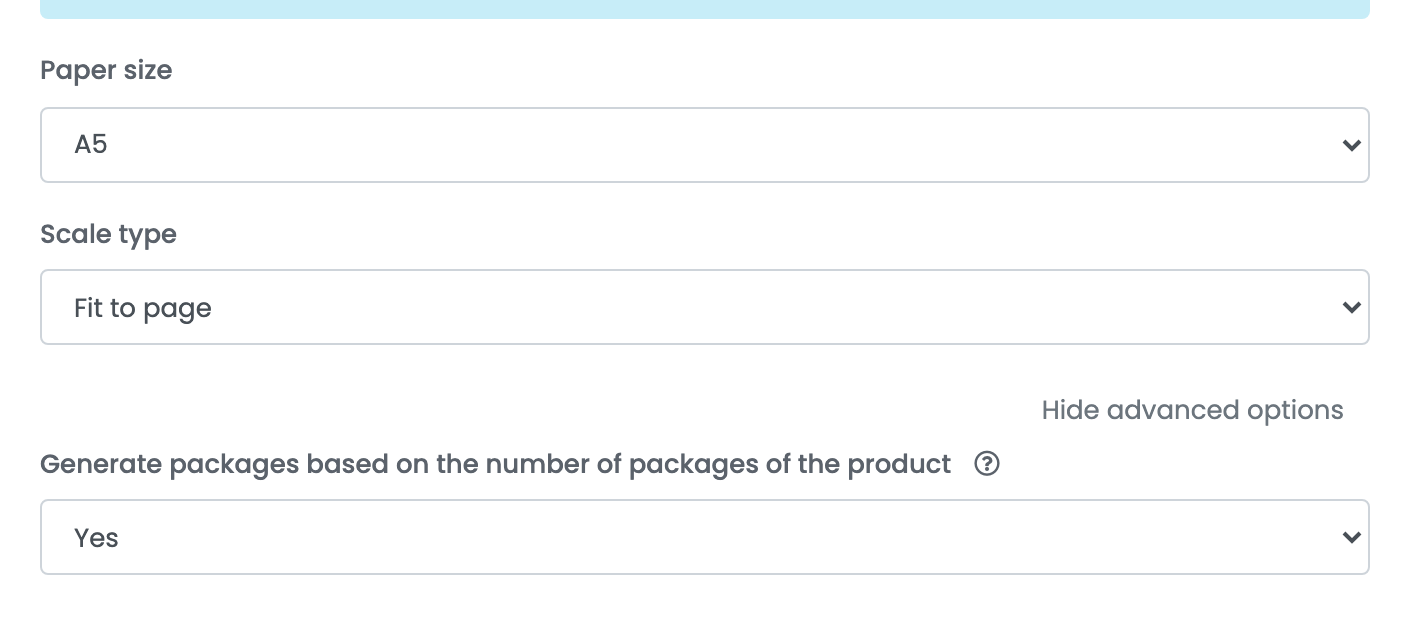 The expanded printing settings and advanced options of a BooKurier connection, showing Paper size, Scale type and the package count option.