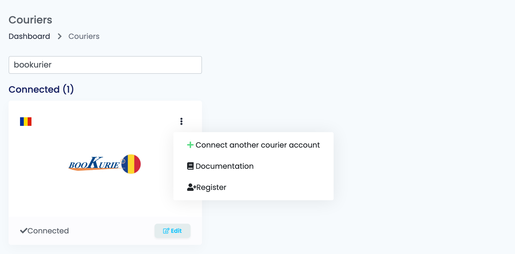 The BooKurier card with its three-dot menu open, showing Connect another courier account.