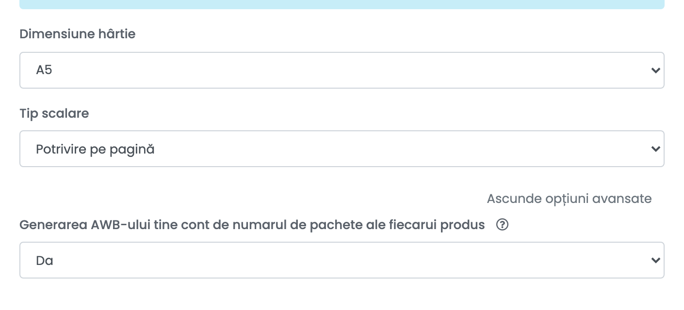Setările de printare și opțiunile avansate desfășurate ale unei conexiuni BooKurier, cu Dimensiune hârtie, Tip scalare și opțiunea de număr de pachete.