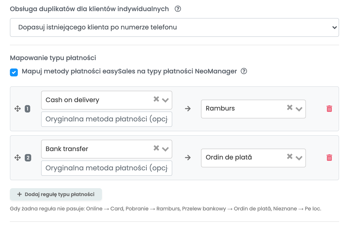 Formularz księgujący NeoManager z Obsługą duplikatów dla klientów indywidualnych i regułami mapowania typów płatności.