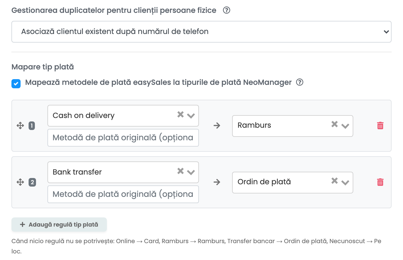 Formularul de facturare NeoManager, cu Gestionarea duplicatelor pentru clienții persoane fizice și regulile de mapare a tipurilor de plată.