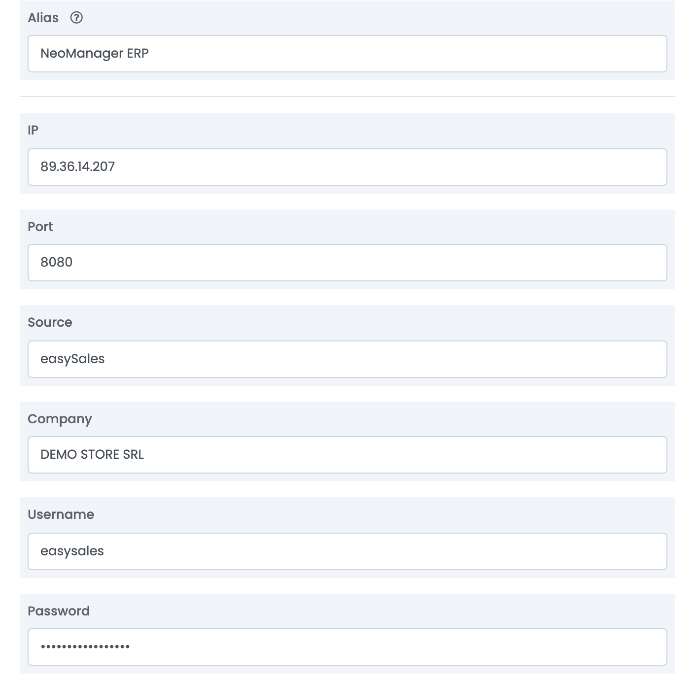 Das Formular der NeoManager-ERP-Verbindung mit Alias, IP, Port, Quelle, Firma, Benutzername und Passwort.