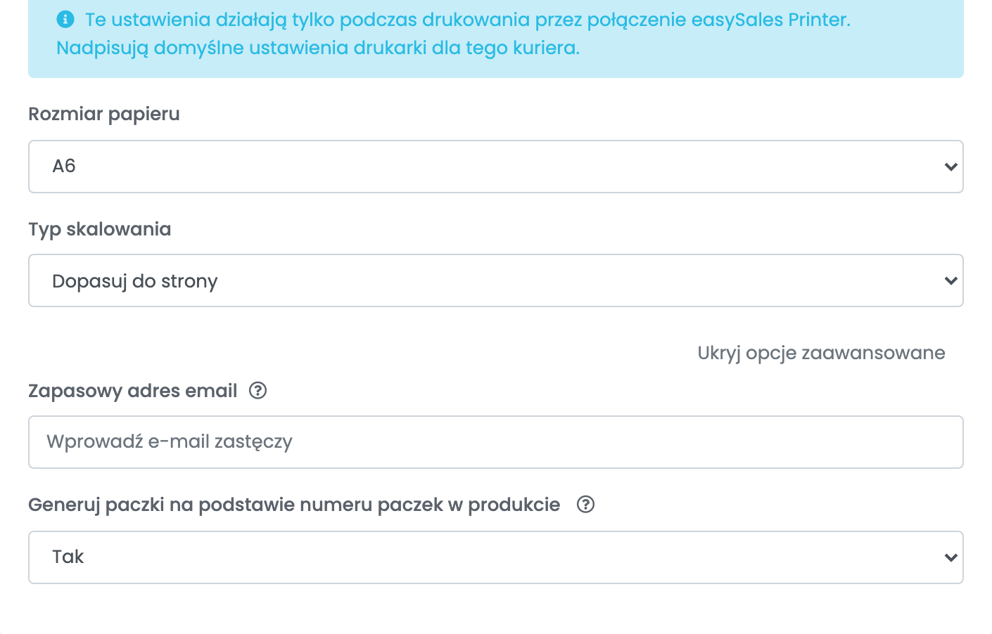 Rozwinięte ustawienia drukowania i opcje zaawansowane połączenia Pactic: rozmiar papieru, typ skalowania, zapasowy e-mail i opcja liczby paczek.