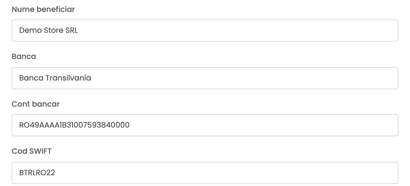 Blocul de plată din formularul Pactic, cu Nume beneficiar, Banca, Cont bancar și Cod SWIFT.