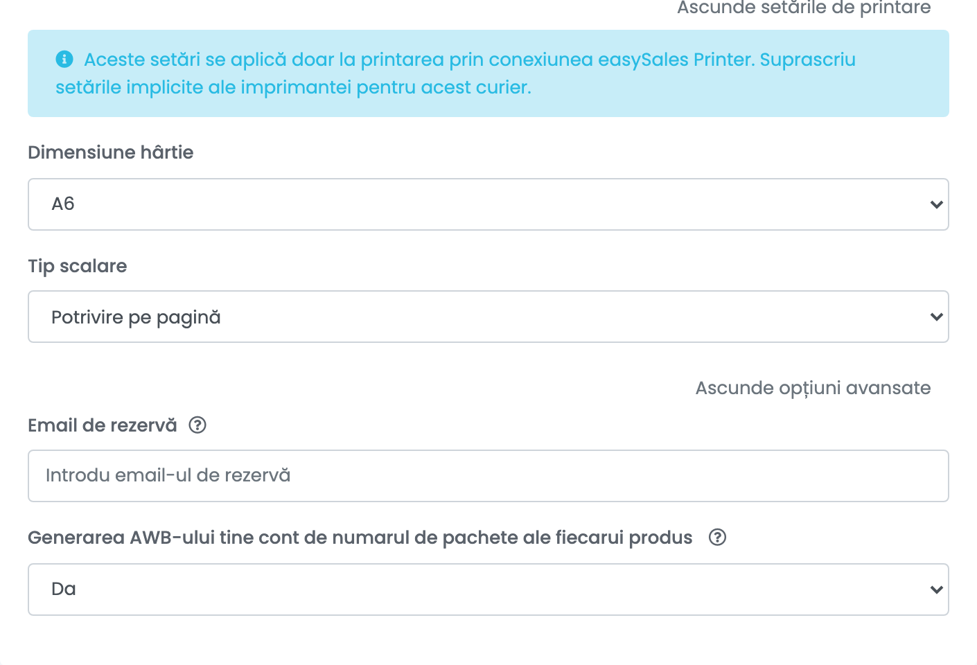 Setările de printare și opțiunile avansate desfășurate pentru o conexiune Pactic, cu dimensiunea hârtiei, tipul de scalare, e-mailul de rezervă și opțiunea pentru numărul de colete.