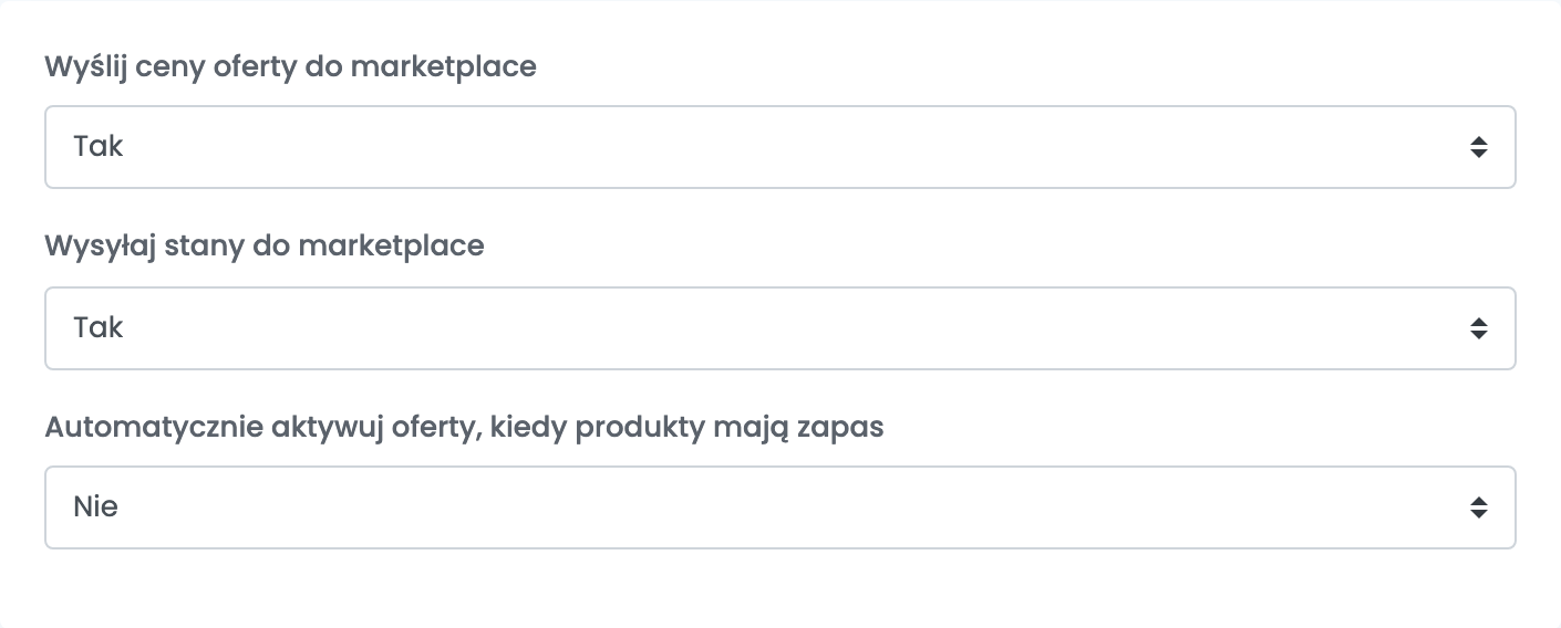 Zakładka ustawień dodatkowych połączenia z Decathlonem z trzema opcjami wysyłania na marketplace.